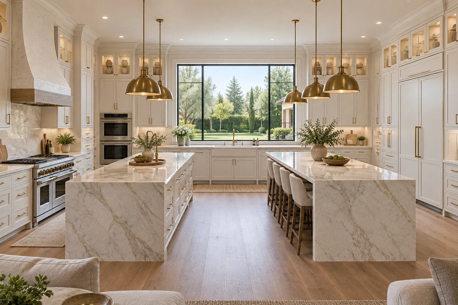Luxury kitchen concept for The Reserve with warm white cabinetry, stone islands, brass pendant lighting, and garden views
